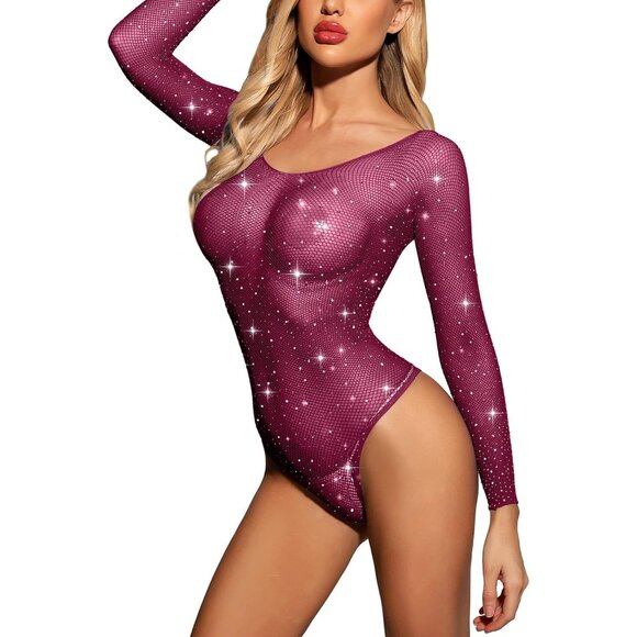 Women Purple Lingerie Fishnet Teddy Sparkle Rhinestone One Piece Mesh Bodysuit - Picture 2 of 3